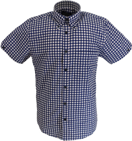 Tootal Mens Blue Mod Target Cotton Retro Down Short Sleeve Shirts