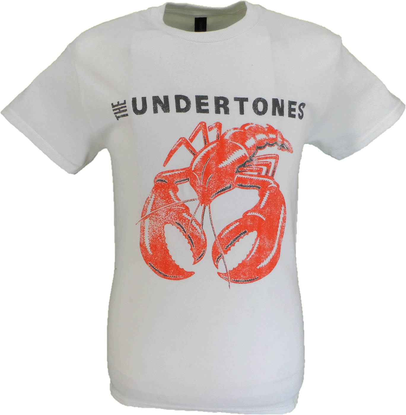 A white short-sleeve t-shirt featuring a distressed red lobster graphic and the text 'THE UNDERTONES' printed in black across the chest.