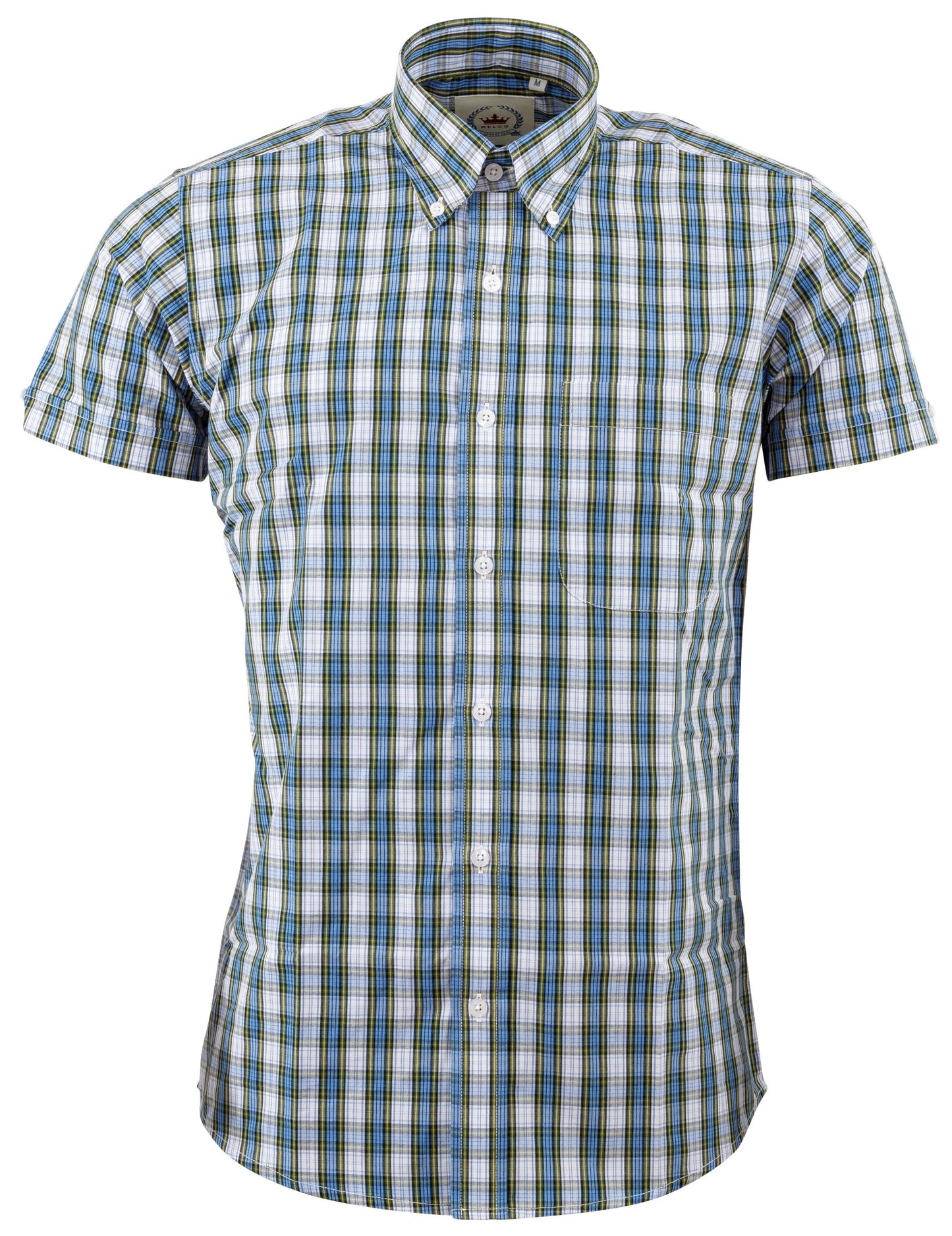 Relco Mens Blue Checked Short Sleeved Button Down Shirts