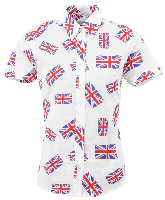 Camisas de manga corta con botones retro Union Jack para mujer Relco