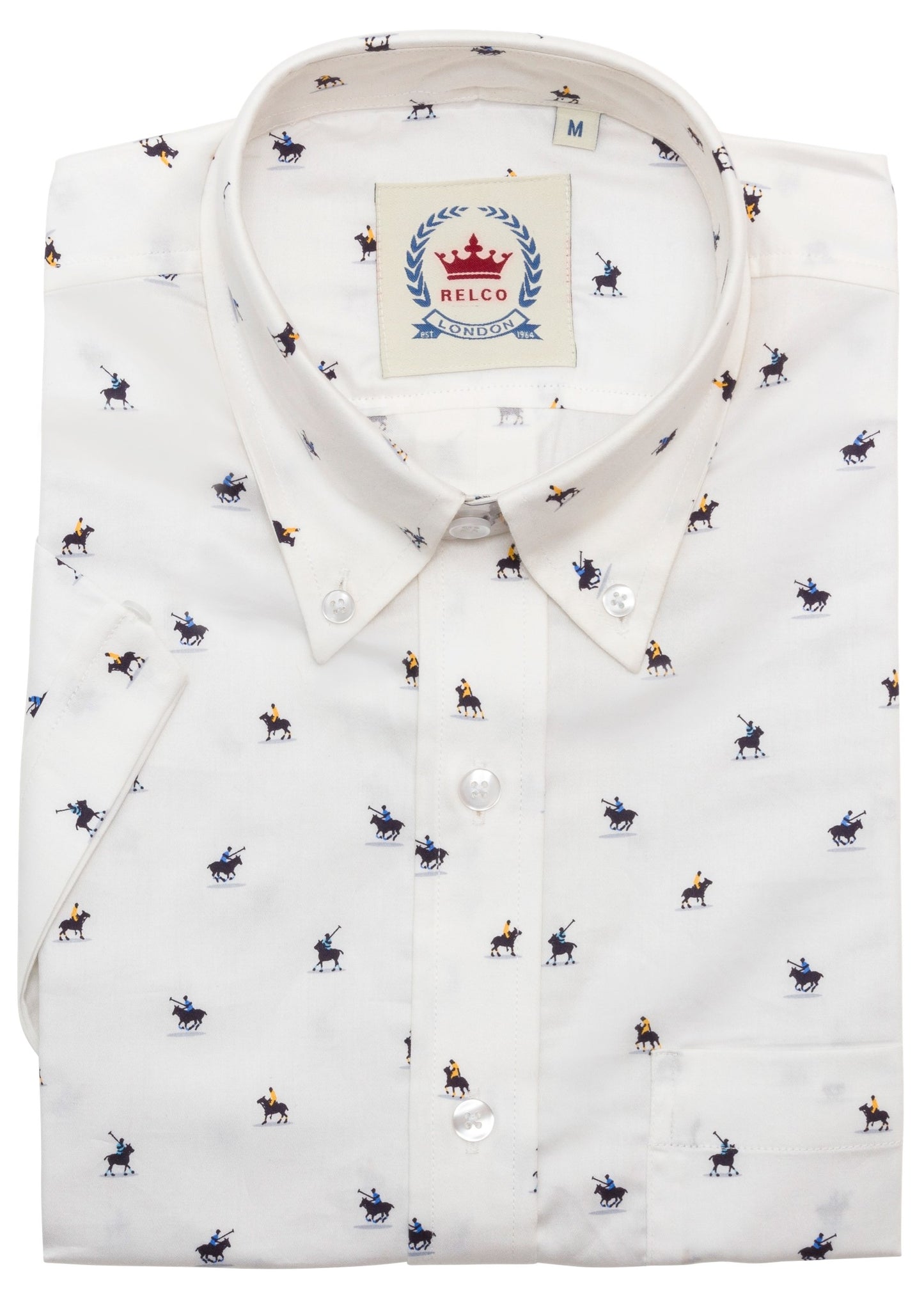 Relco White Polo Pony Print Cotton Short Sleeved  Button Down Shirt