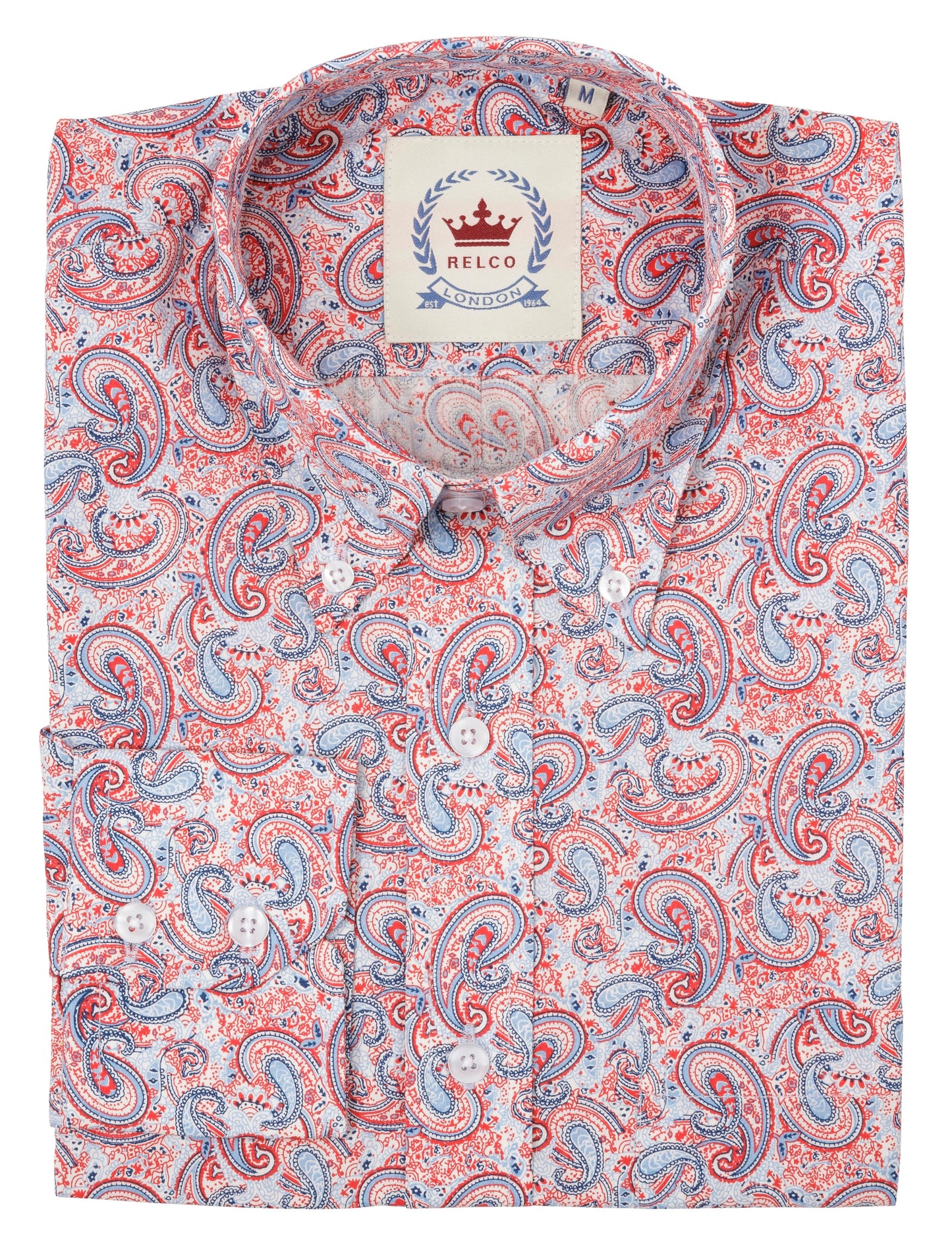 Relco Herren-Hemd mit Knöpfen im Retro-Stil, langärmelig, Paisleymuster, rot