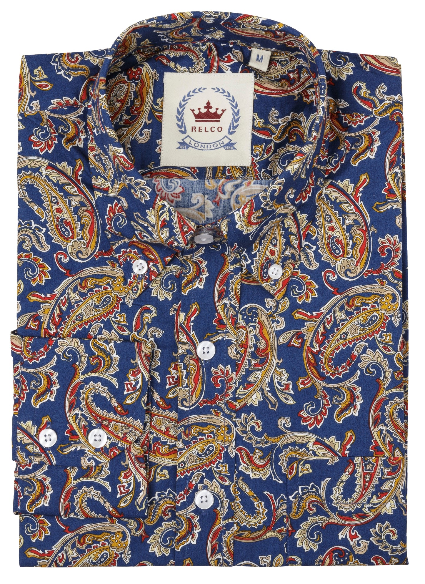 Marineblaues, langärmeliges Retro-Mod-Button-Down-Hemd für Herren Relco mit Paisley-Muster