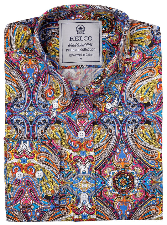 Relco platinum camisa con botones estilo retro de manga larga paisley multicolor para hombre