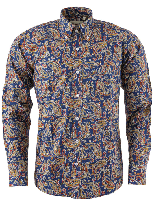 Marineblaues, langärmeliges Retro-Mod-Button-Down-Hemd für Herren Relco mit Paisley-Muster