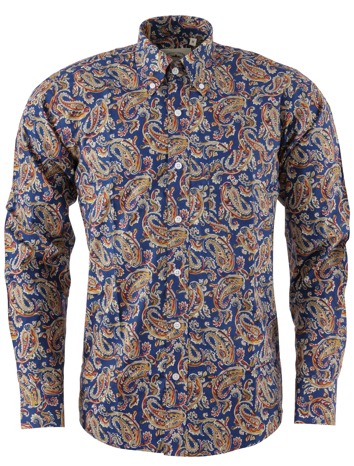 Relco Mens Navy Blue Paisley Long Sleeved Retro Mod Button Down Shirt