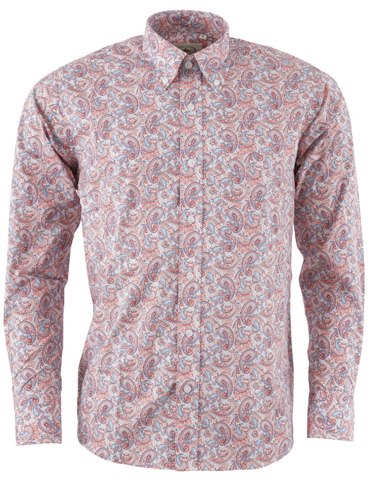 Relco Mens Red Paisley Long Sleeved Retro Mod Button Down Shirt