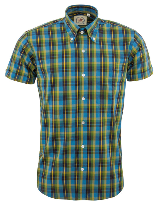 Camisas azules de manga corta con botones a cuadros multicolores Relco para hombre