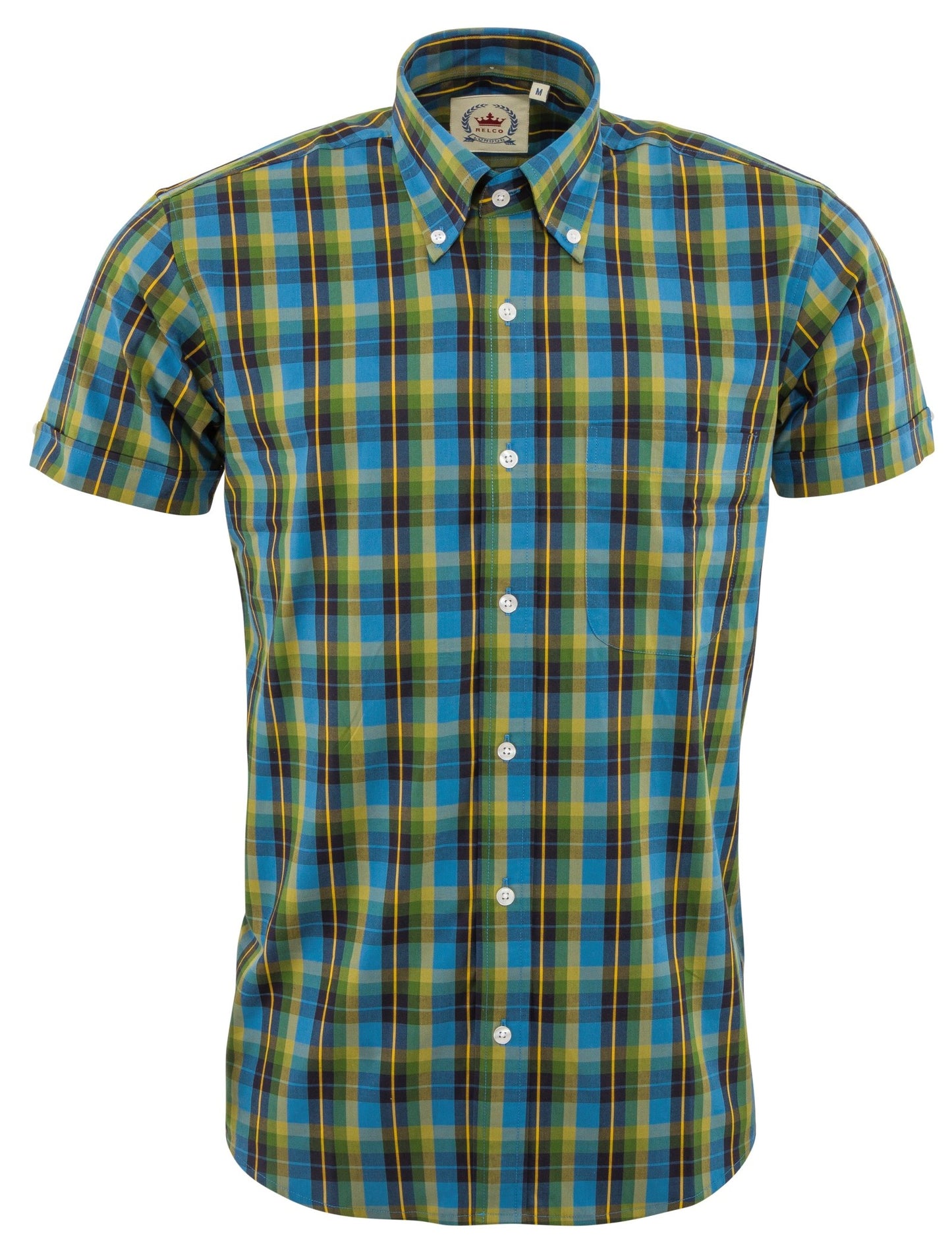 Camisas azules de manga corta con botones a cuadros multicolores Relco para hombre