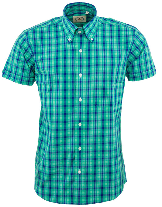 Relco Mens Green Checked Short Sleeved Button Down Shirts