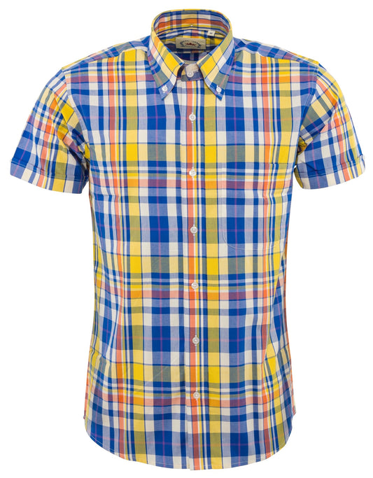 Camisas de manga corta con botones a cuadros azules y amarillos Relco para hombre