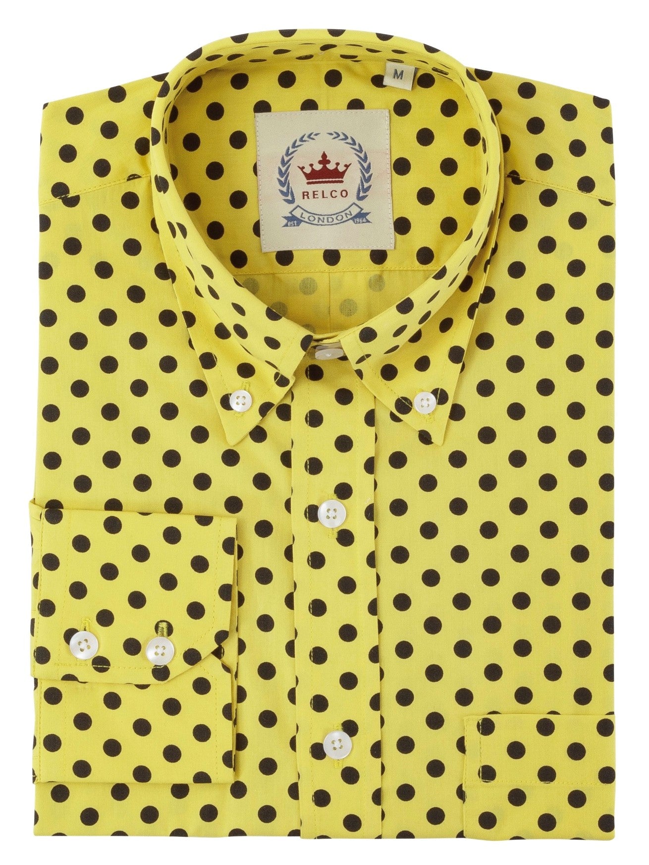 Relco Herren-Hemden im klassischen Mod-Vintage-Design in Senf und Schwarz mit Punkten