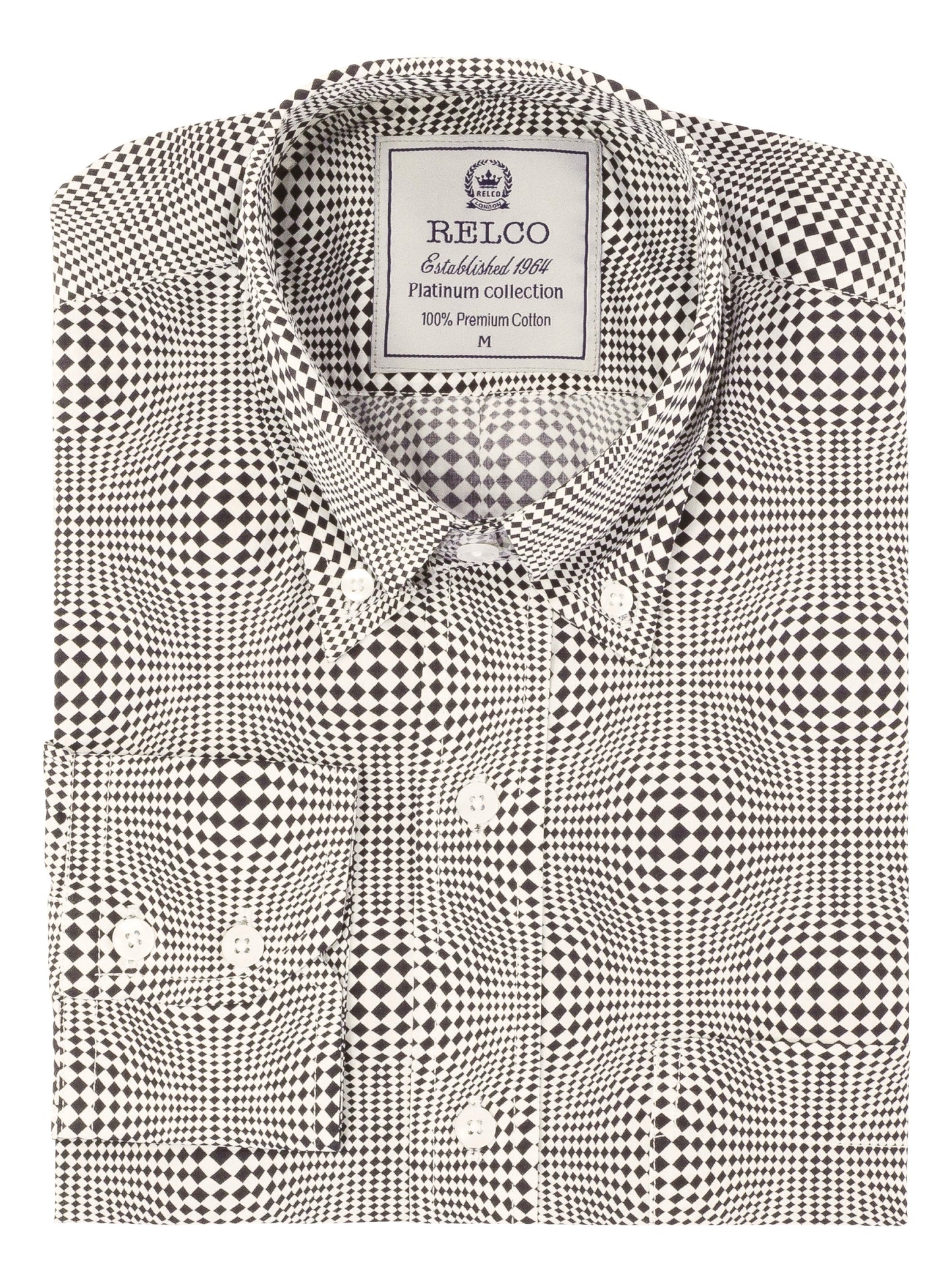 Relco Platinum Herren-Hemd mit Geo-Karomuster, langärmelig, Retro-Mod, Button-Down-Hemd