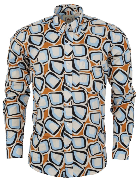Relco Mens Retro Print Long Sleeved Retro Mod Button Down Shirt