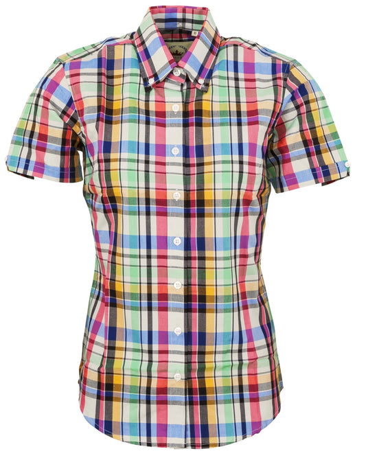 Relco Damen-Kurzarmhemden mit mehrfarbigem Karomuster im Retro-Stil