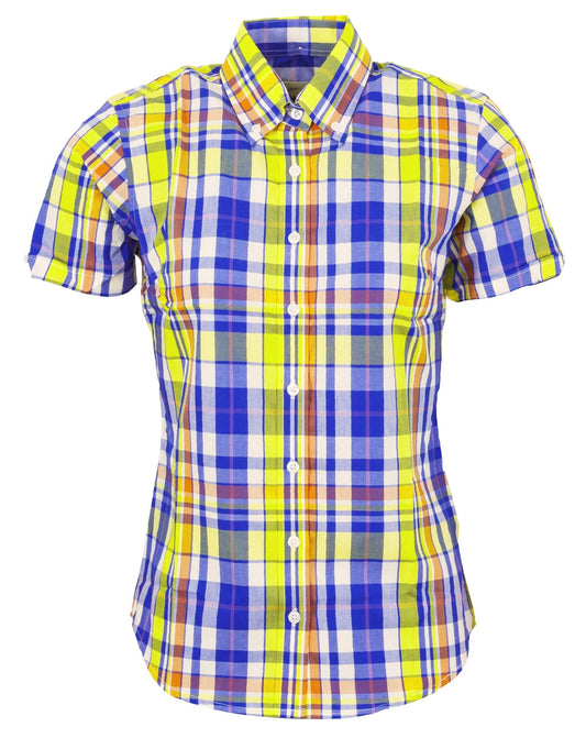 Relco Ladies Retro Multi Blue Check Button Down Short Sleeved Shirts
