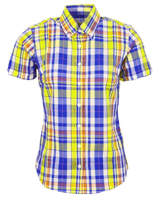 Camicie da donna a maniche corte Relco retrò multi check blu abbottonate