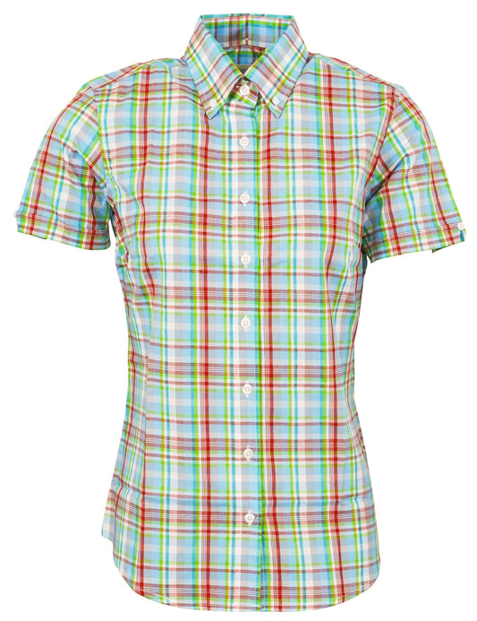 Relco Ladies Retro Multi Green Check Button Down Short Sleeved Shirts