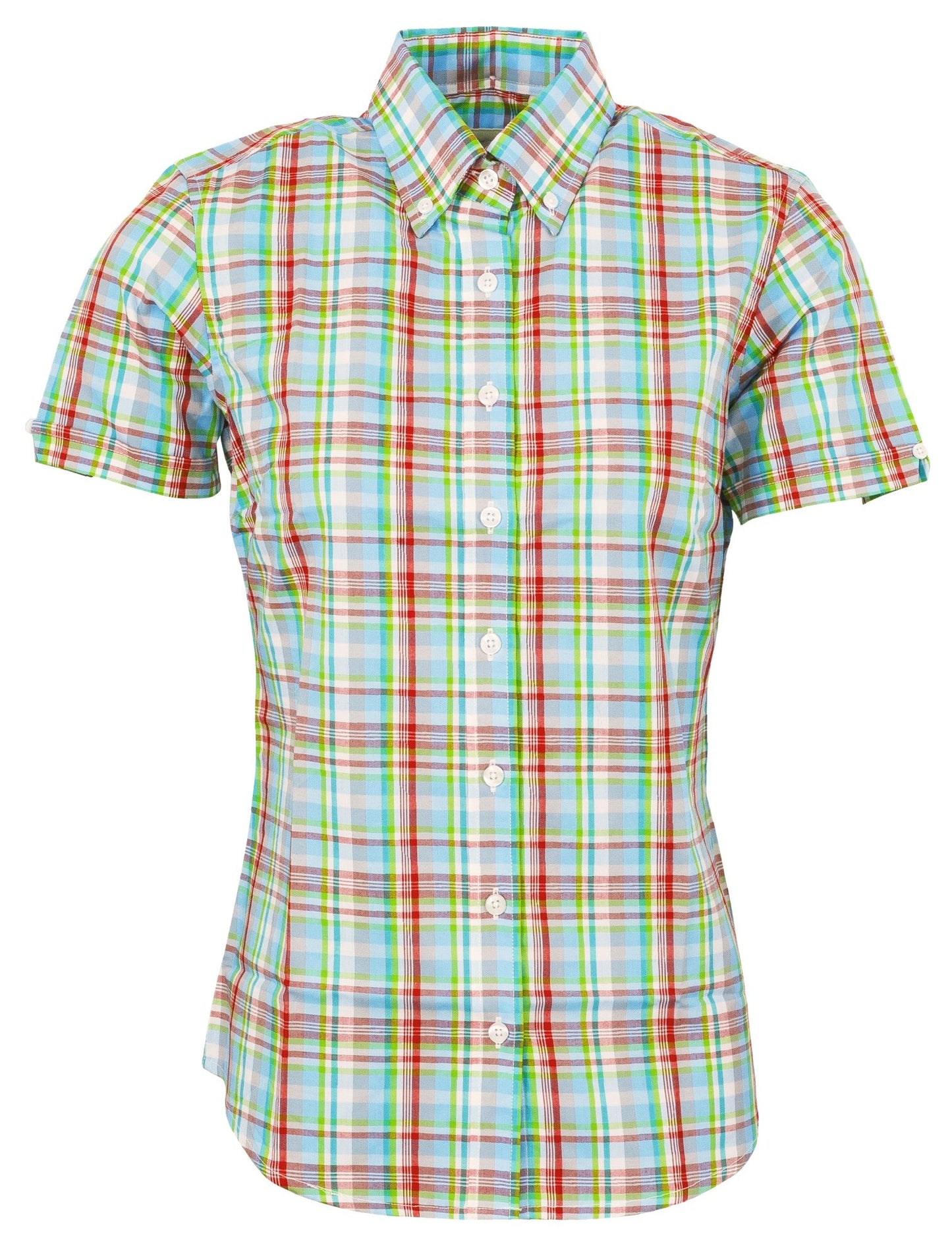 Relco Damen Retro-Kurzarmhemden mit mehrfarbigem Karomuster in Grün und Knopfleiste