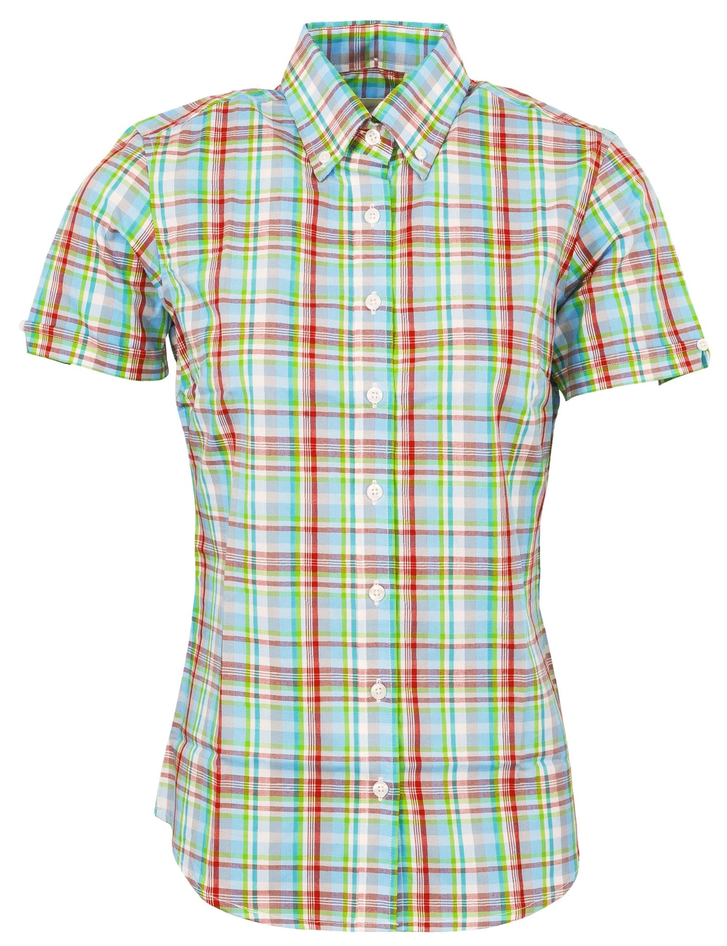 Relco Ladies Retro Multi Green Check Button Down Short Sleeved Shirts