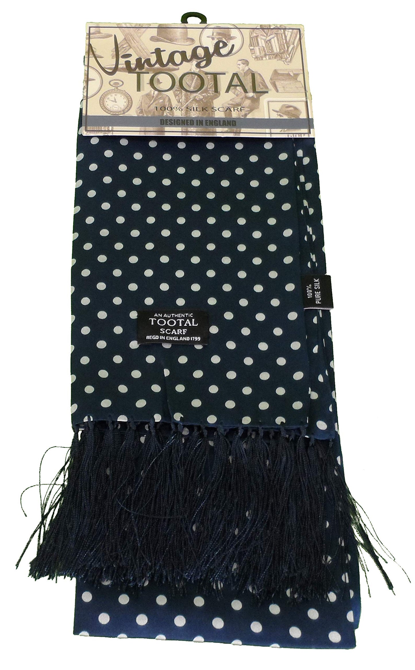 Tootal Vintage marineblau/weiß gepunkteter Schal aus 100 % Seide