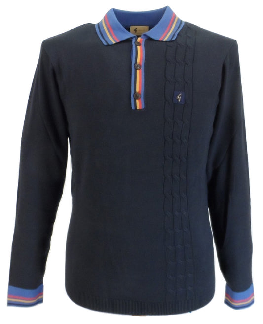 Gabicci Vintage Mens Navy Cable Front Knitted Polo Shirt