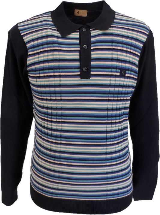 Gabicci Vintage Navy Multi Stripe Knitted Polo