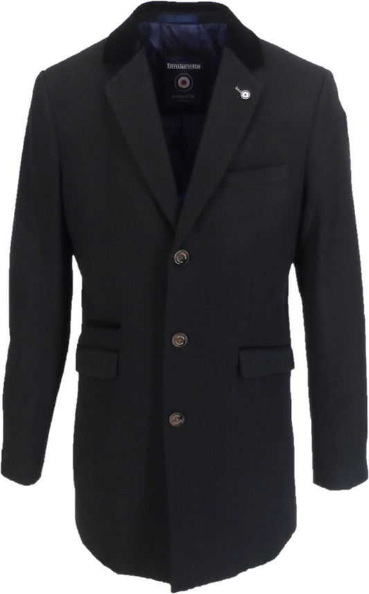Abrigo de portero de lana negra Lambretta con ribete de terciopelo