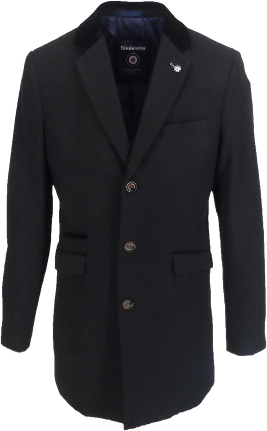 Lambretta Black Wool Rich Doormans Overcoat With Velvet Trim