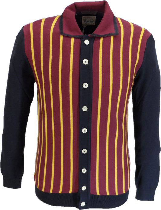 Ska & Soul Mens Navy/Port/Mustard Striped Front Knitted Polo Cardigans