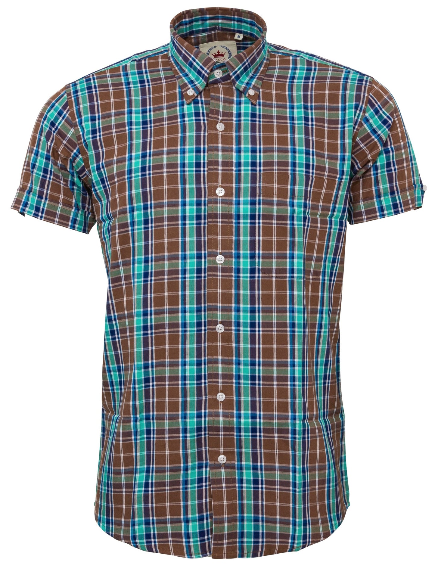 Relco Mens Brown Check Short Sleeved Vintage/Retro Mod Button Down Shirts