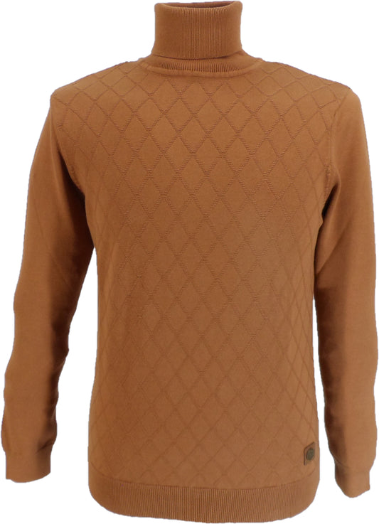 Maglione da uomo Trojan con collo alto, pannello a rombi, colore zenzero, calibro fine