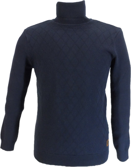 Maglione da uomo Trojan a collo alto con pannello a rombi di calibro fine blu navy