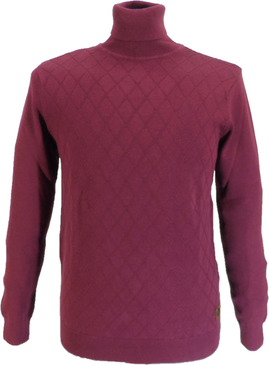 Trojan Mens Port Red Fine Gauge Diamond Panel Roll Neck Jumper