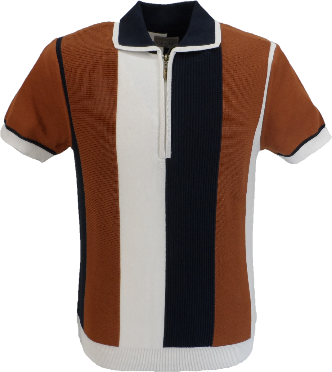 Ska & Soul Mens Navy/Ginger Rib Stripe Fine Gauge Knitted Zip Shirts