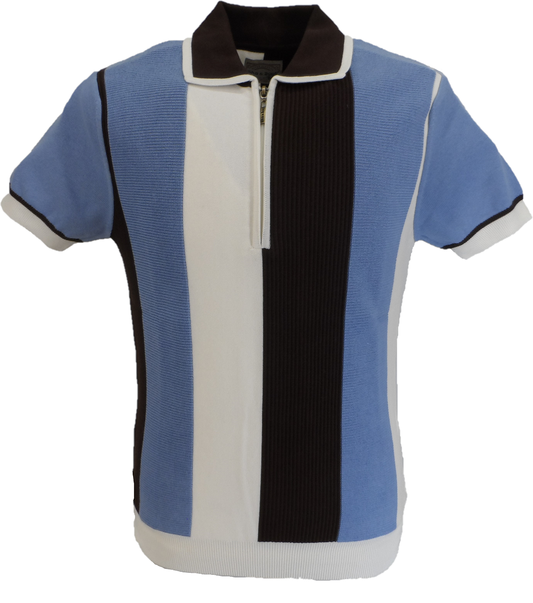 Ska & Soul Mens Brown/Sky Rib Stripe Fine Gauge Knitted Zip Shirts
