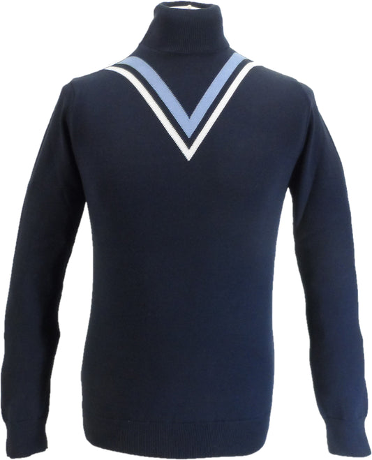 Marineblauer Twin-V-Rollkragenpullover mit feinem Muster Ska & Soul