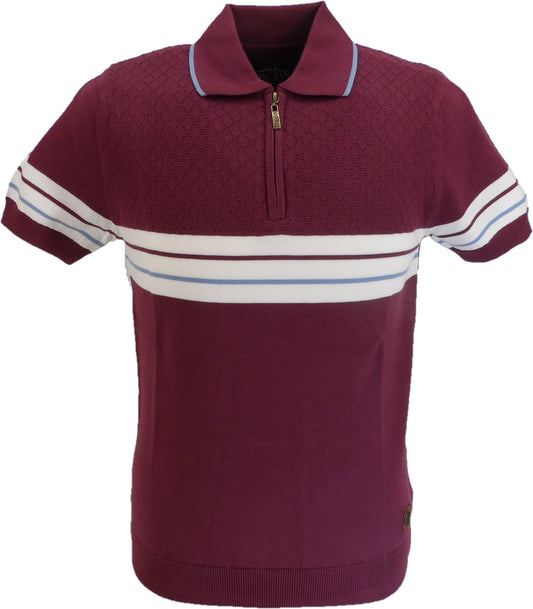 Trojan Records Mens Port Red Zip Striped Knit Polo Shirt