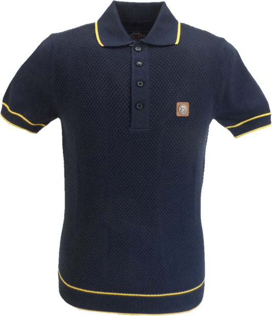 Marineblau/gelbes, strukturiertes Strick-Poloshirt Trojan für Herren