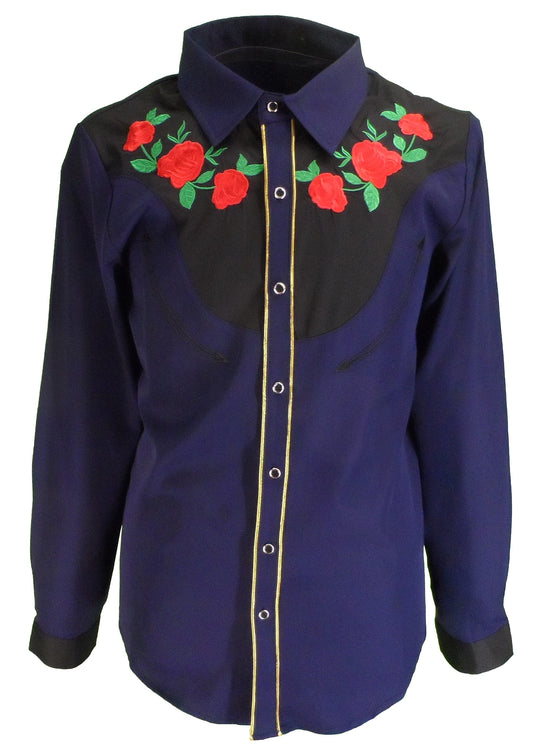 Mazeys Chemises Vintage/Rétro Cowboy Bleu Marine Western Rose Pour Hommes
