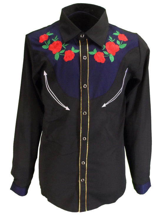 Mazeys Chemises Vintage/Rétro Cowboy Noir Western Rose Pour Hommes