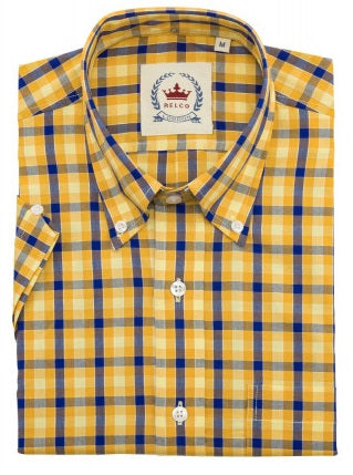 Relco Mens Yellow Gingham Checked Short Sleeved Button Down Shirts