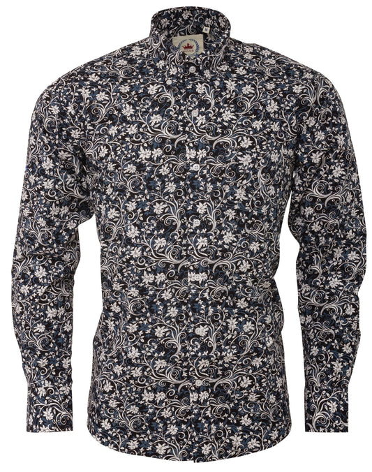 Relco Sorte Multi-Blomstrede Langærmede Retro-Mod Button Down Skjorter