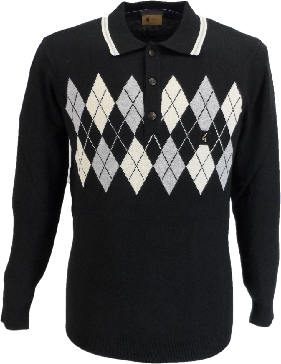 Gabicci Vintage Mens Argyle Black/Cream/Dove Knitted Polo