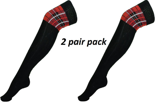 Lot de 2 paires de Socks au dessus du genou avec dos et tartan rouge pour femme