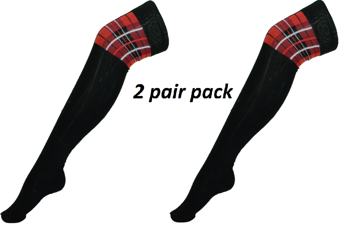 Ladies 2 Pair Pack of Back and Red Tartan Top Over the Knee Socks