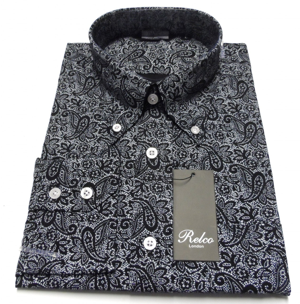 Relco Black Paisley Cotton Long Sleeved Retro Mod Button Down Shirts