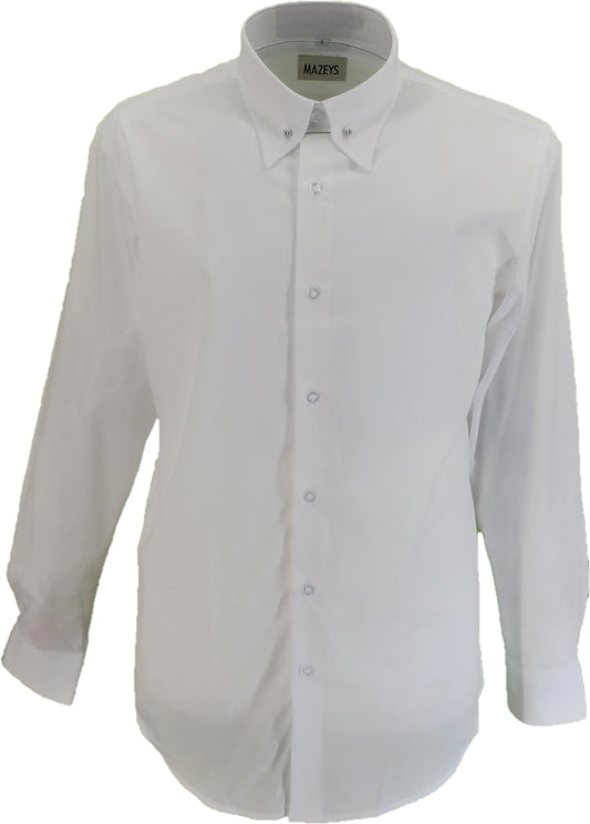 قمصان رجالي Mazeys ذات ياقة دبوسية بيضاء من القطن وأكمام طويلة