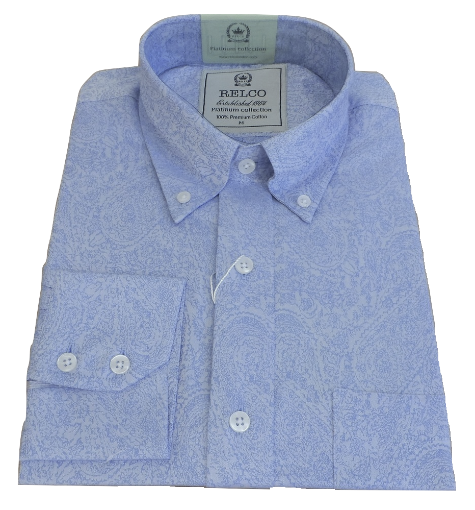 Relco Platinum Mens Blue Paisley Cotton Long Sleeved Shirt