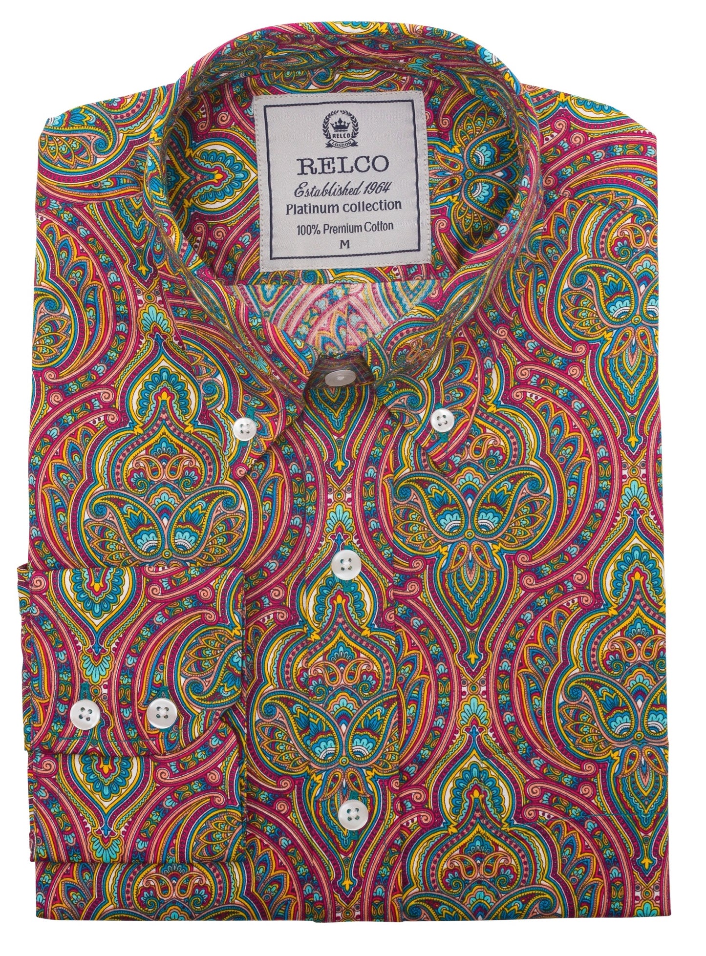 Relco Platinum Multi Paisley Cotton Long Sleeved Retro Mod Button Down Shirt